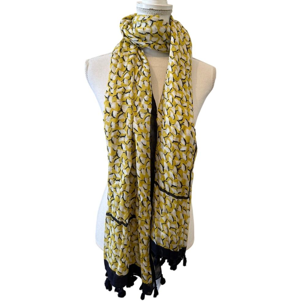 Ann Taylor Soft Travel Scarf Yellow Navy Blue Print Tassel Detail